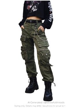 Y2K Japanese Cargo Pants Green Utility Techwear Festival Sz 28